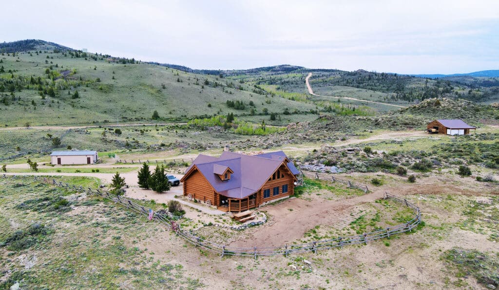 Aerial view of Sierra Madre Main House, Barn & Shop